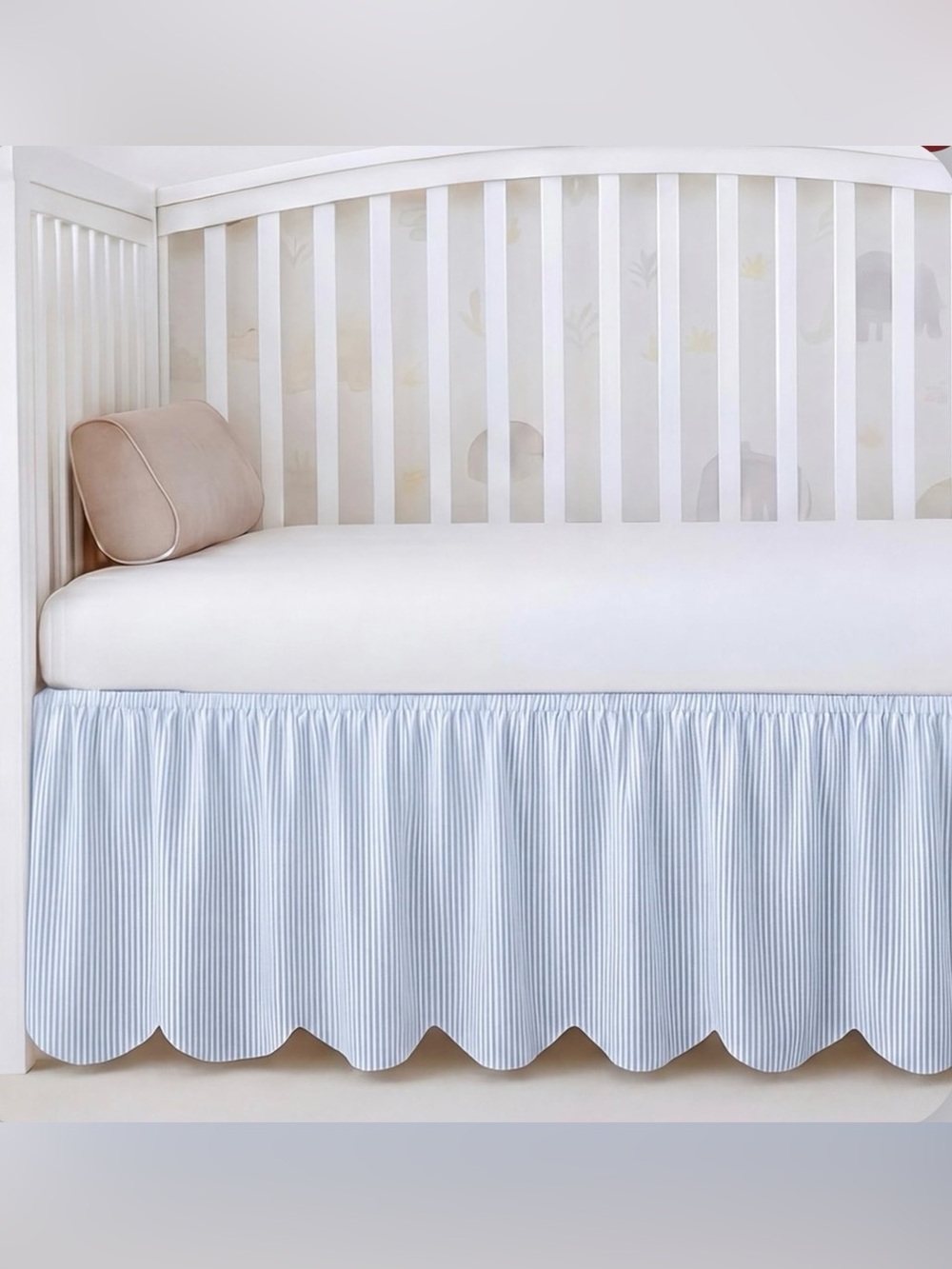 Crib or Toddler Bed Scalloped Dust Ruffle Skirt 16” Drop 100% Cotton Blue Stripe